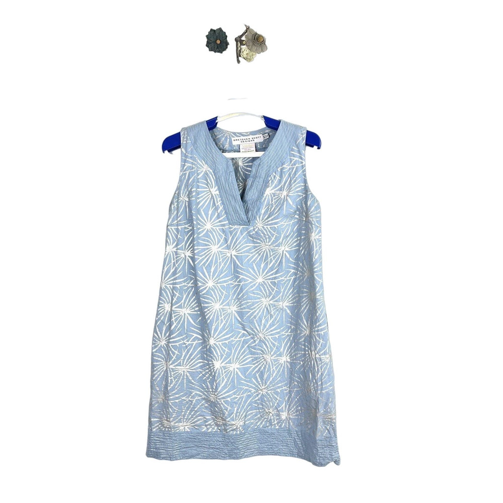 Gretchen Scott Size XS Blue Silver Starburst Print Sleeveless Shift Dress Pocket